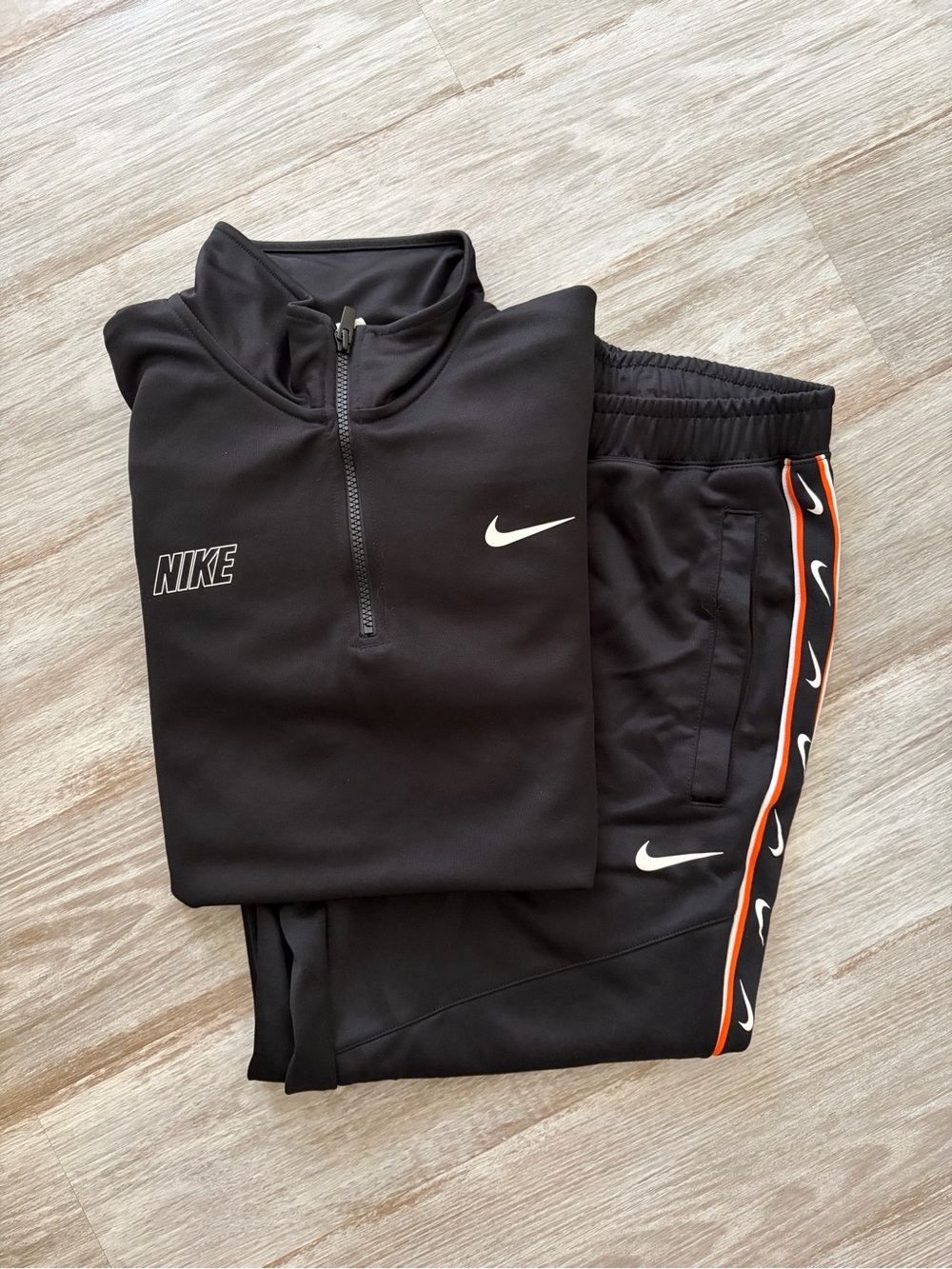 Nike Black Jogger Set with Orange-Trim Swoosh Tape